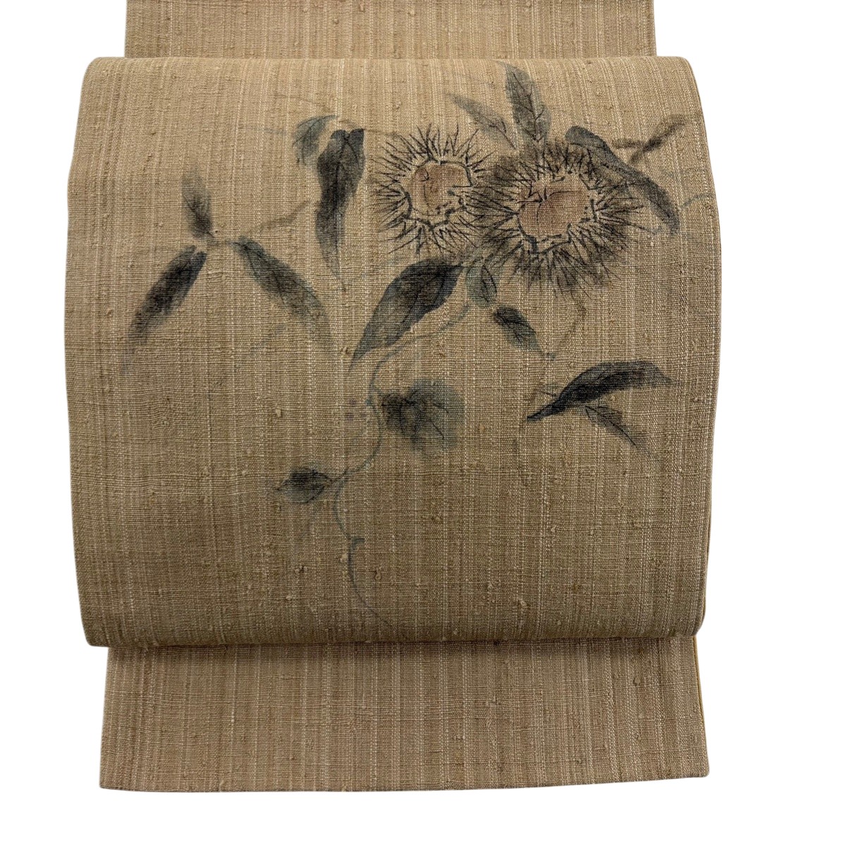 【美品】 袋帯 秀品 証紙あり 大島紬地 栗 薄茶色 お太鼓柄 正絹 【中古】