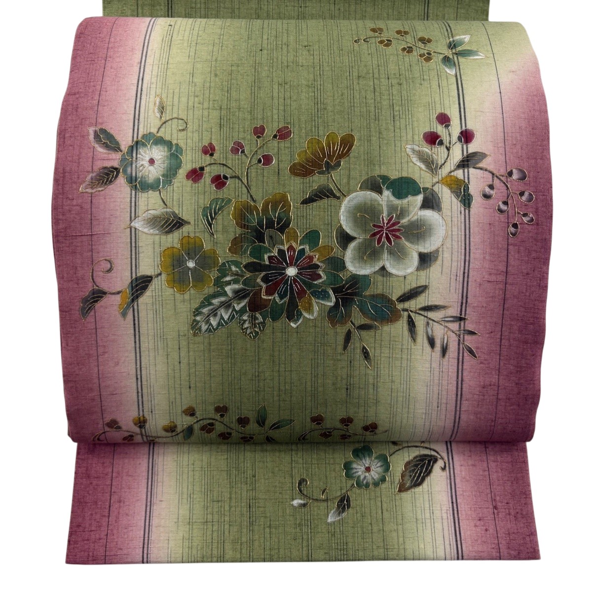 【美品】 袋帯 秀品 落款あり 紬地 草花 縞 金銀彩 緑 お太鼓柄 正絹 【中古】