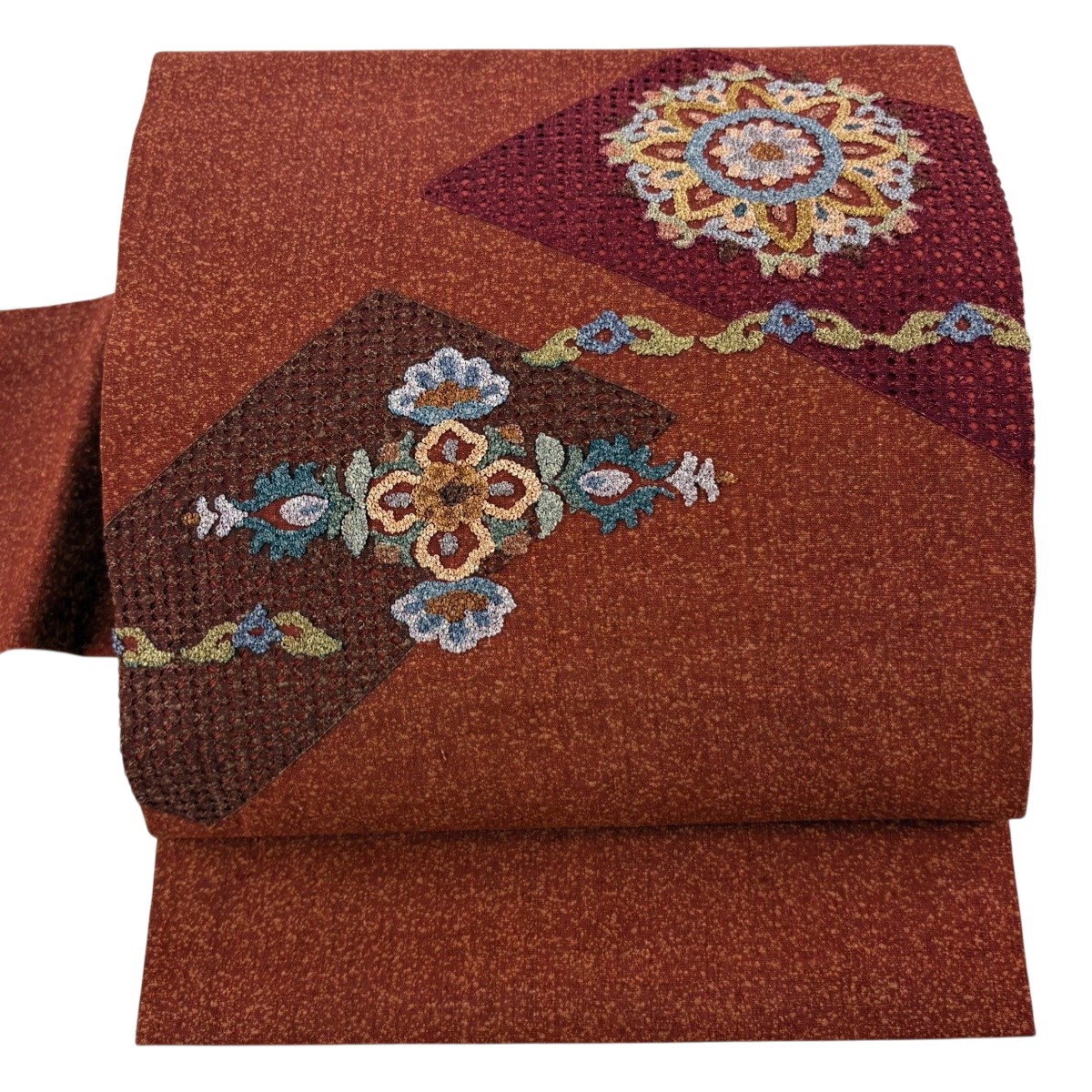 【美品】 名古屋帯 秀品 華文 刺繍 赤茶 正絹 【中古】