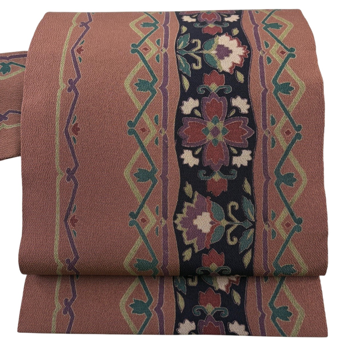 【美品】 名古屋帯 秀品 草花 縮緬 小豆色 正絹 【中古】