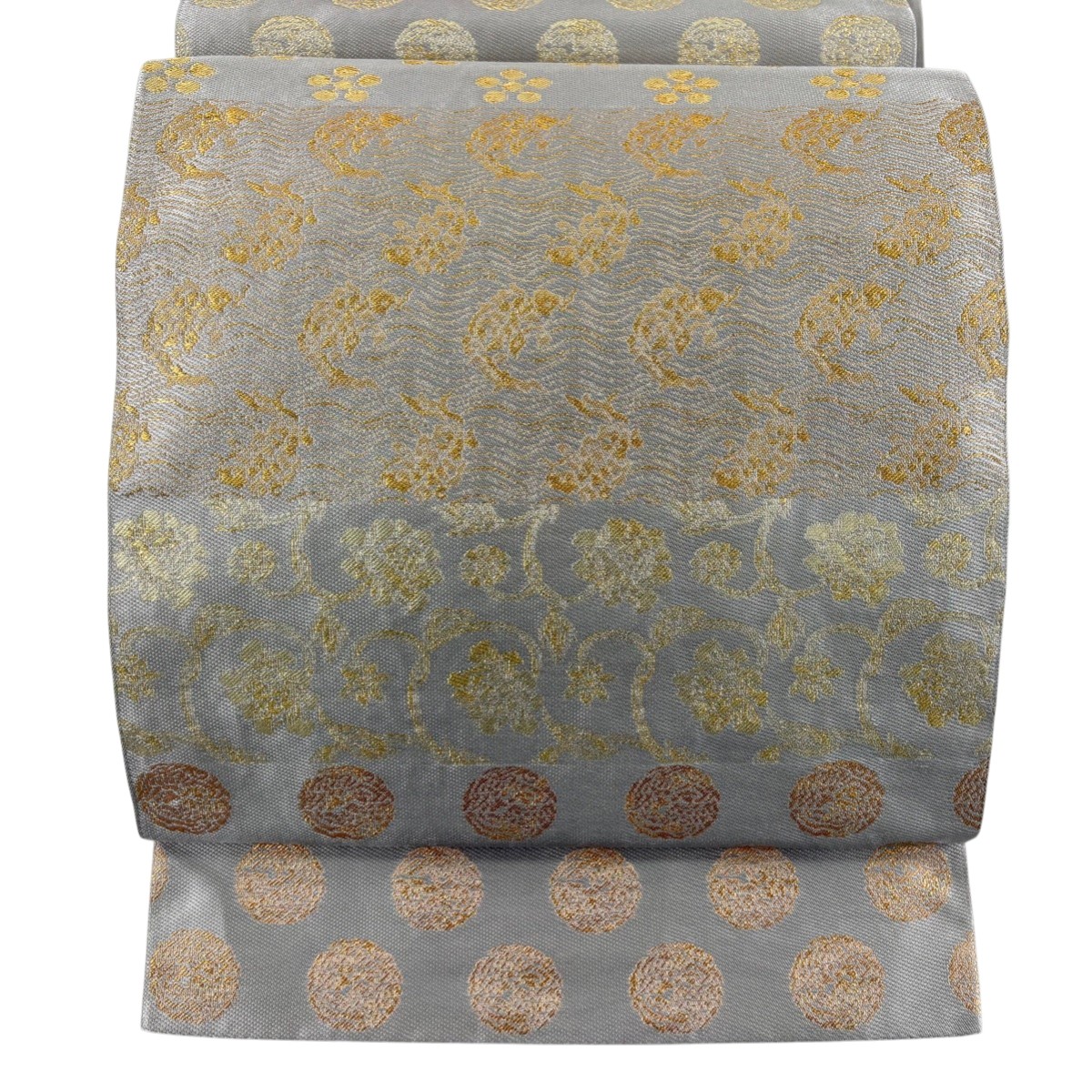 【美品】 袋帯 秀品 華唐草 荒磯 箔 金糸 灰色 六通 正絹 【中古】 6,248円