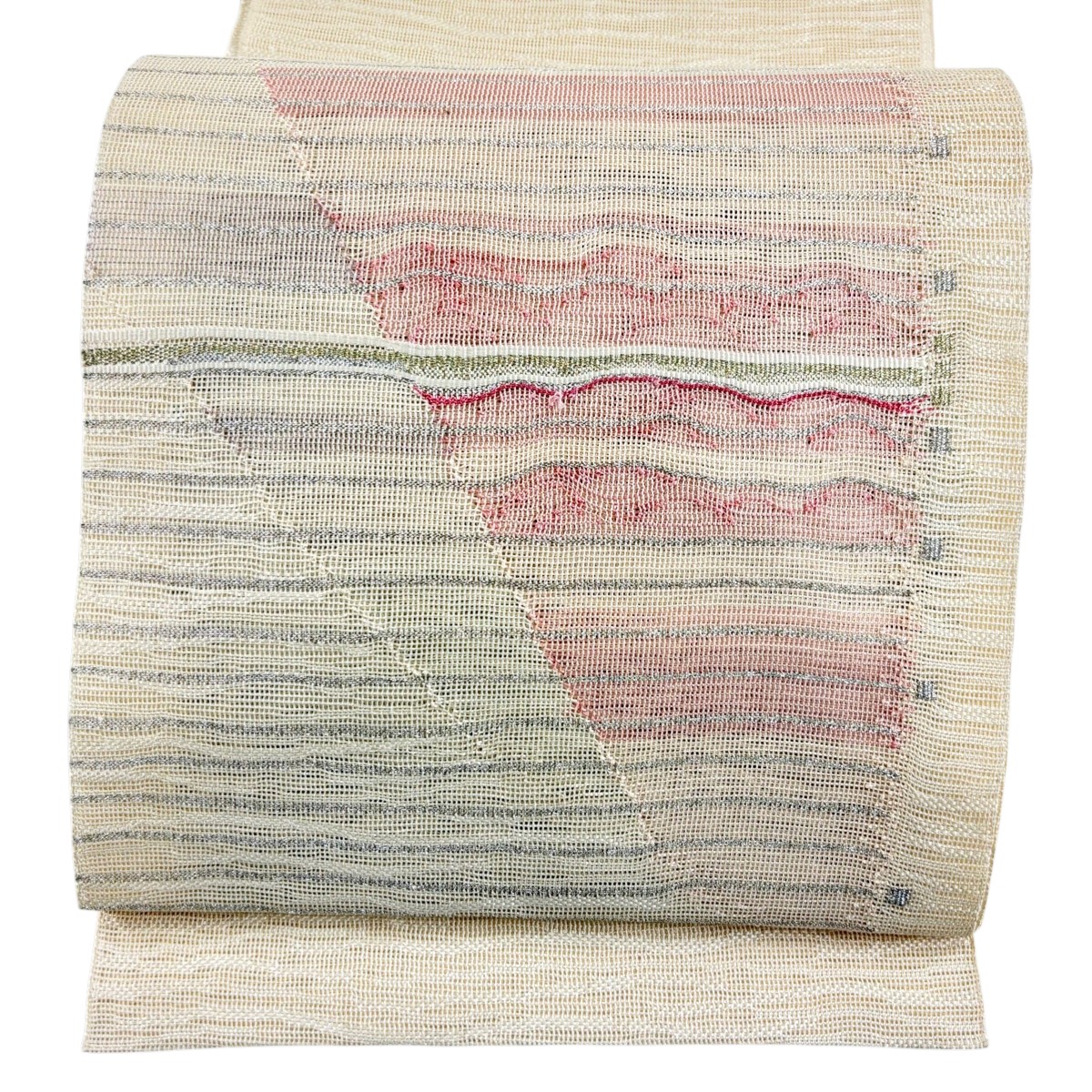 名古屋帯 秀品 夏帯 松葉仕立て 八寸名古屋帯 縞 幾何学模様 金銀糸 ベージュ 正絹 【中古】 8,614円