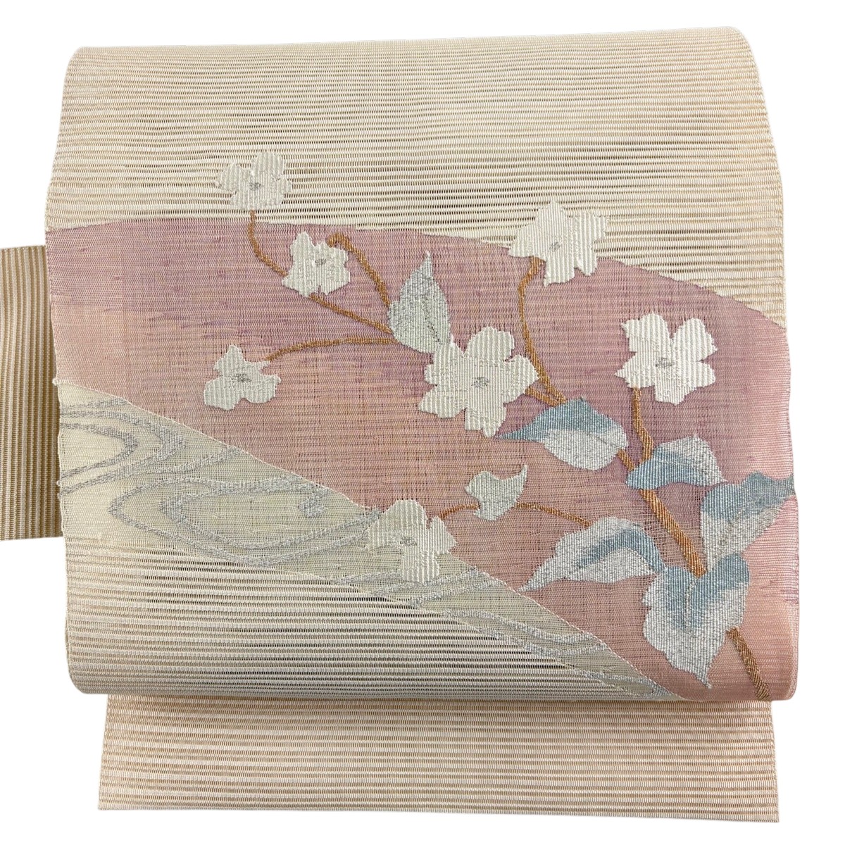 【美品】 名古屋帯 秀品 夏帯 絽 トンネル仕立て 枝花 流水 金銀糸 ベージュ 正絹 【中古】