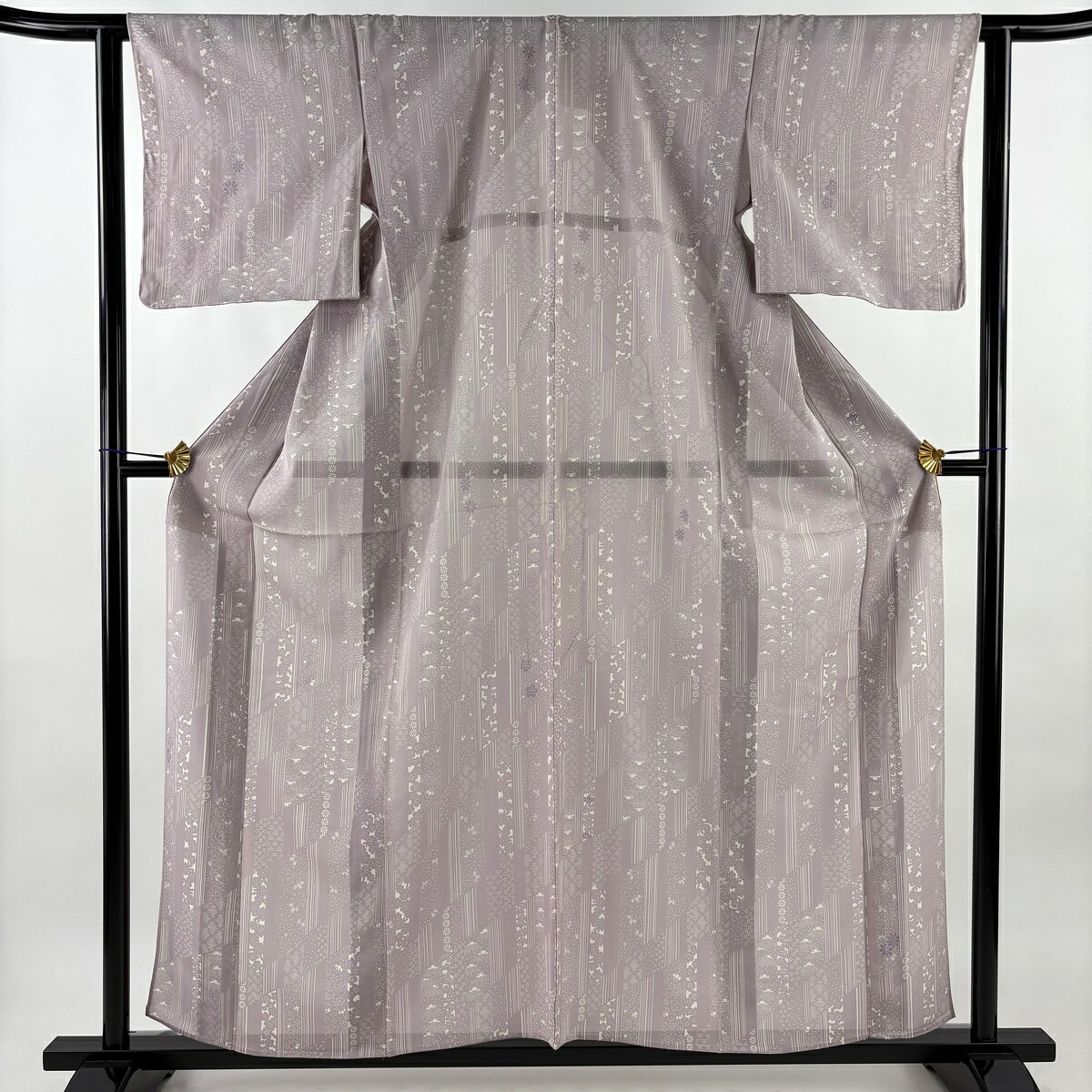 小紋 身丈158.5cm 裄丈62cm S 薄物 絽 梅 縦縞 薄紫 正絹 秀品 【中古】