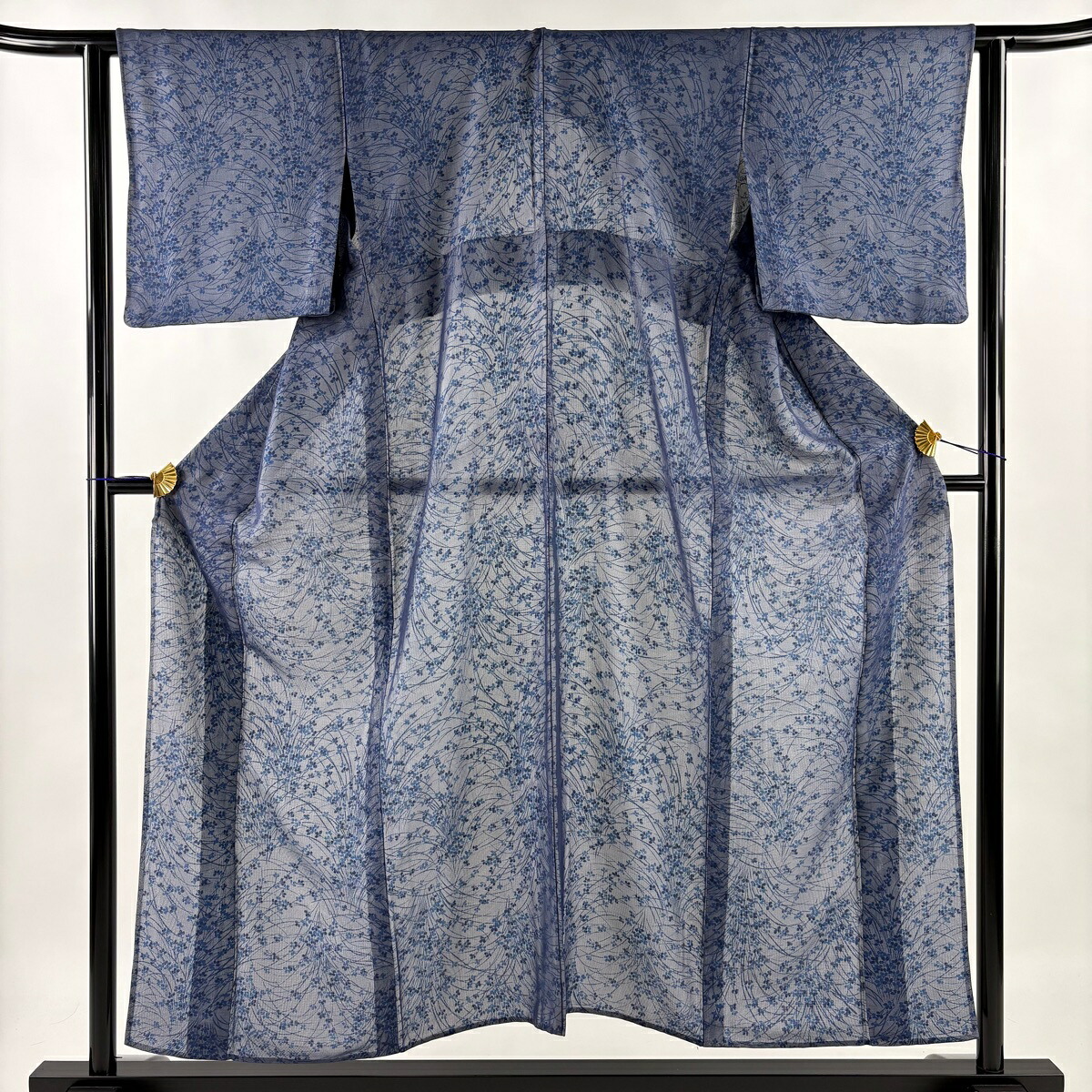 小紋 身丈153.5cm 裄丈63cm S 紗絽袷 萩 青 正絹 名品 【中古】 msp30