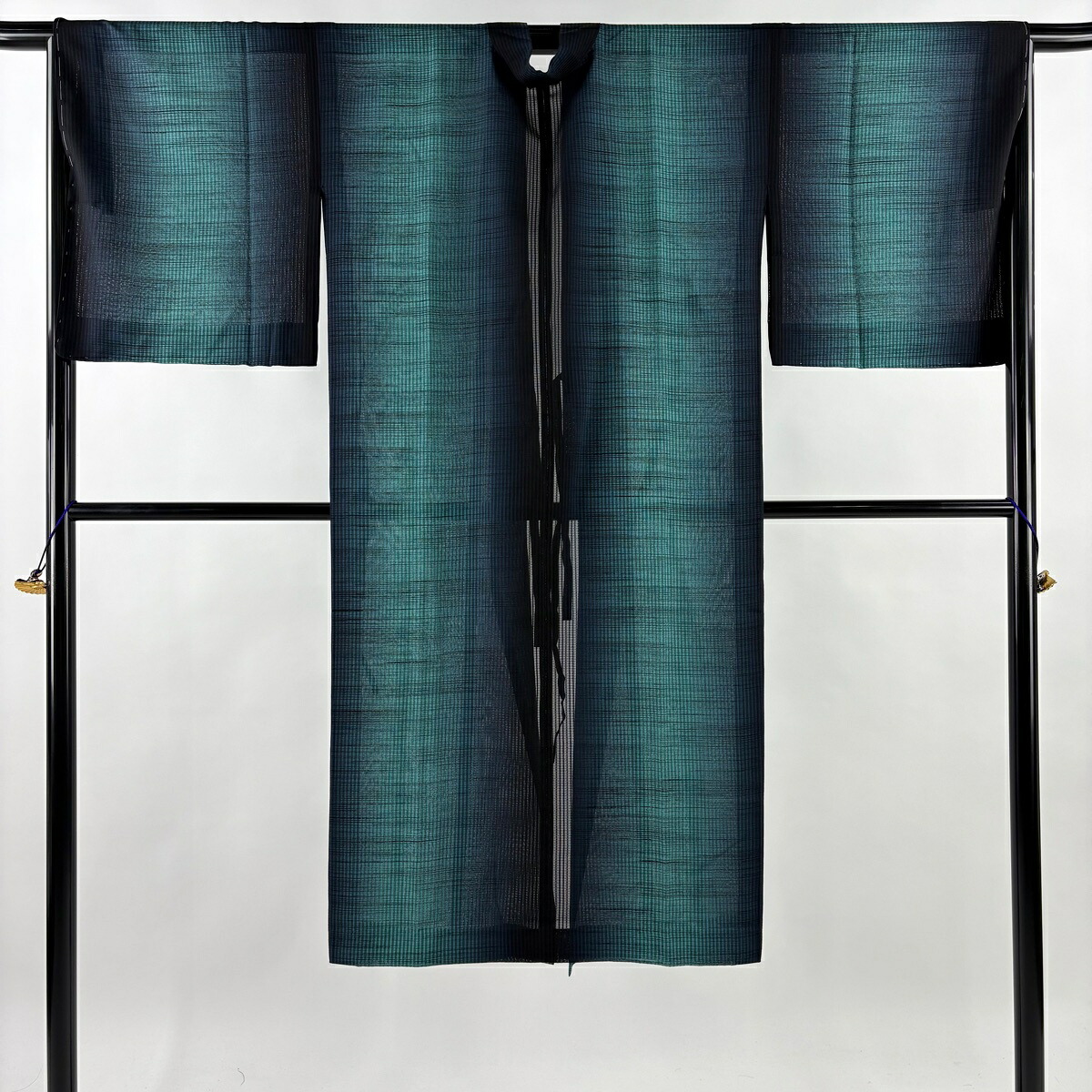 【美品】 道中着 身丈126.5cm 裄丈68.5cm L 和装コート 着物衿 縞 青緑 正絹 逸品 【中古】