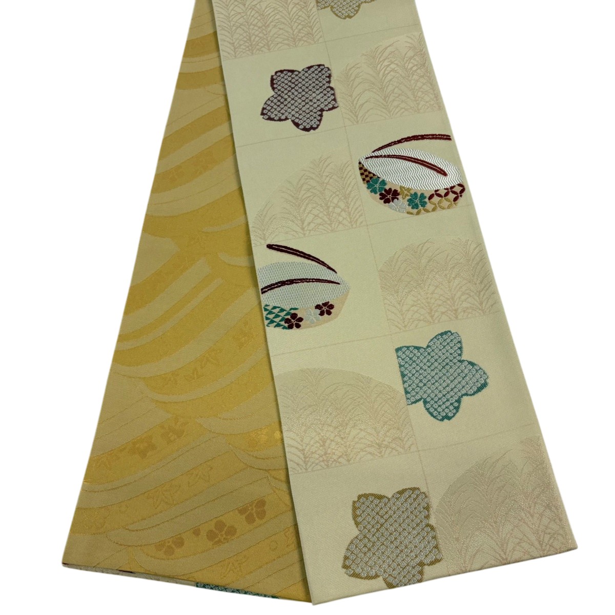 【美品】半幅帯 秀品 桜 ぽっくり 箔 ベージュ 正絹 【中古】
