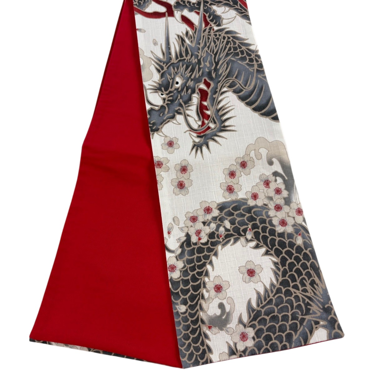 半幅帯 秀品 紬地 龍 桜 白 綿 【中古】