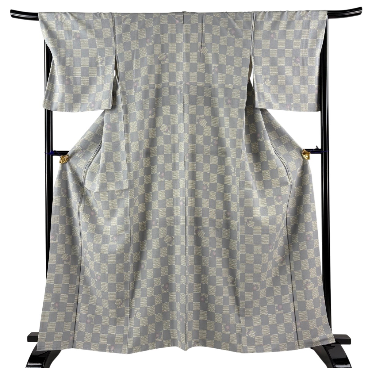 小紋 身丈162.5cm 裄丈67cm M 袷 桜 市松 灰色 正絹 秀品 【中古】