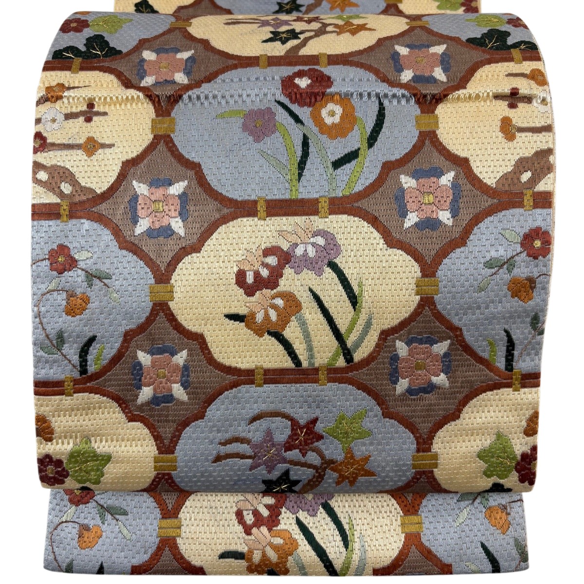 袋帯 逸品 草花 絽刺し 金糸 青灰色 全通 正絹 【中古】