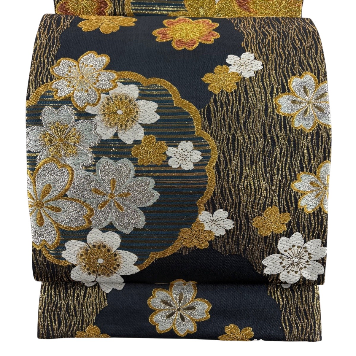 【美品】 袋帯 秀品 振袖向き 桜 縞 箔 金銀糸 濃紺 六通 正絹 【中古】