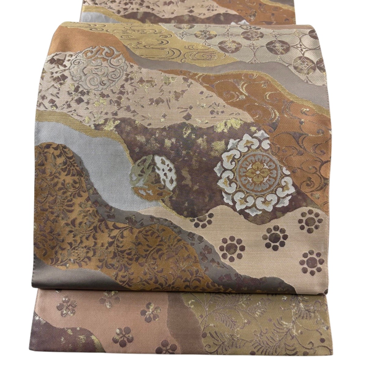 【美品】 袋帯 逸品 となみ織物 はくば錦 華文 花唐草 金糸 金彩 ベージュ 六通 正絹 【中古】