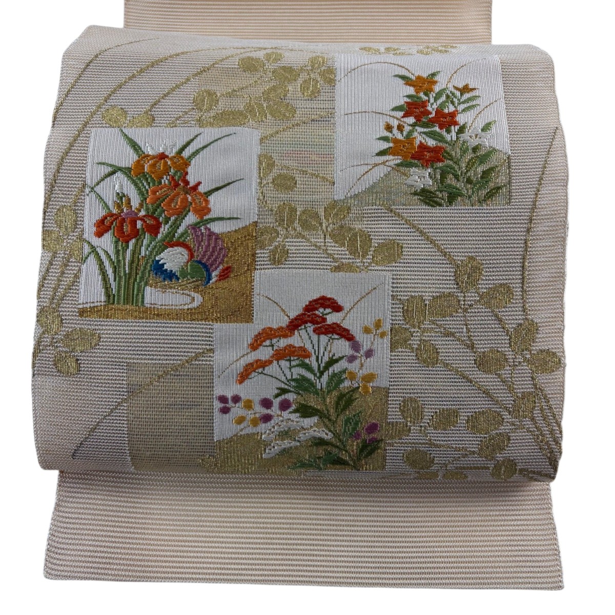 【美品】 名古屋帯 秀品 夏帯 絽 八寸名古屋帯 松葉仕立て トンネル仕立て 秋草 鳥 金糸 刺繍 ベージュ 正絹 【中古】