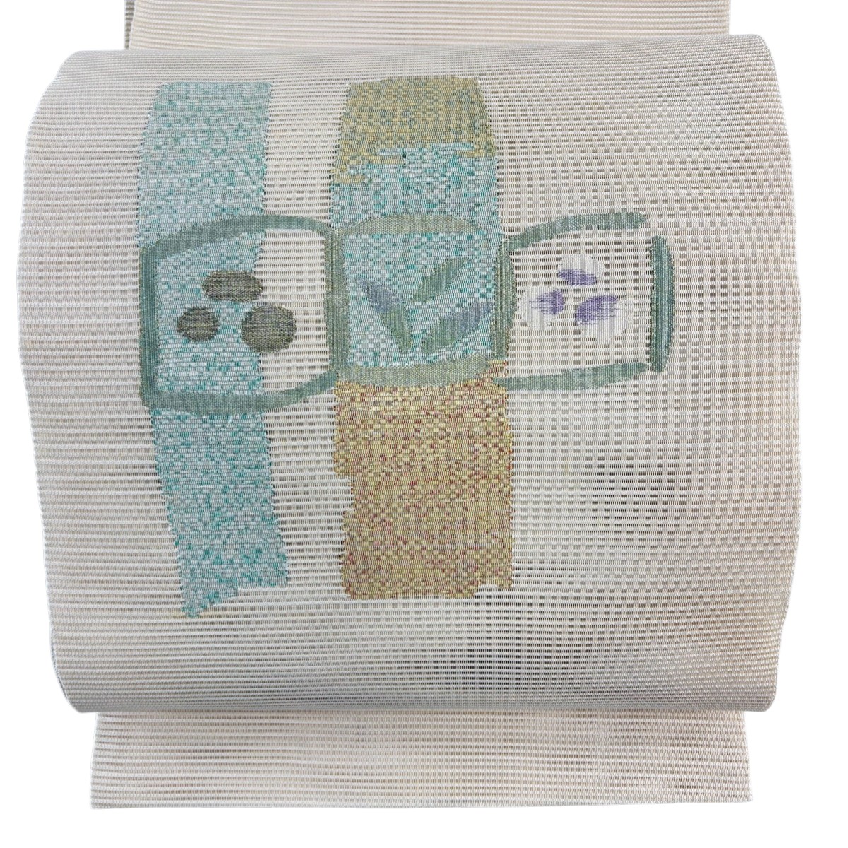 袋帯 秀品 夏帯 幾何学模様 花 クリーム お太鼓柄 正絹 【中古】