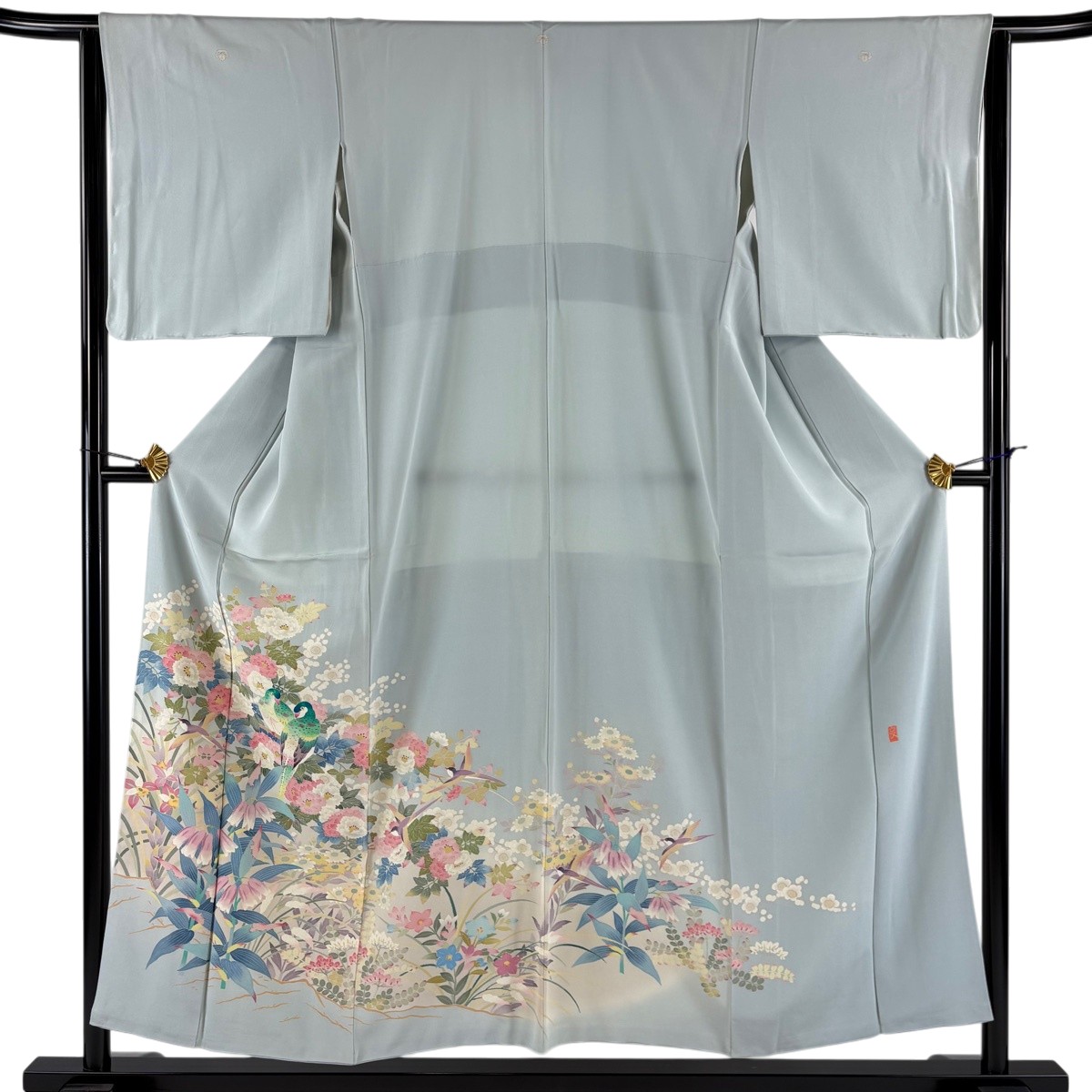 色留袖 身丈154cm 裄丈64cm M 袷 落款あり 草花 鳥 染め分け 青灰色 正絹 秀品 三つ紋 【中古】