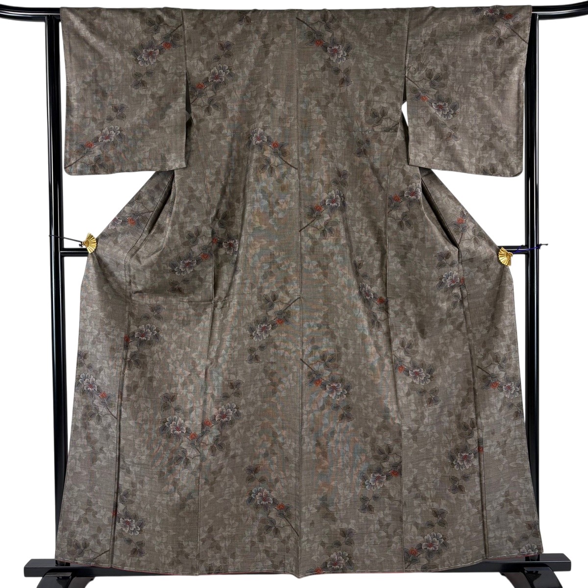 【美品】 紬 身丈161cm 裄丈64cm M 袷 証紙あり 枝花 焦茶色 正絹 秀品 【中古】 msp30