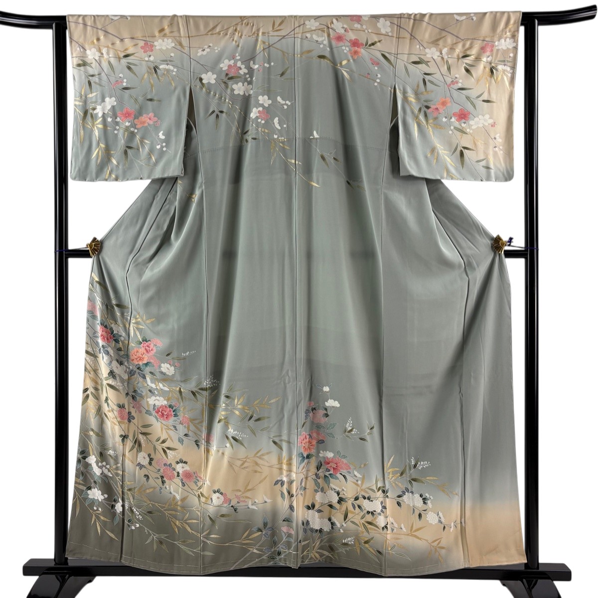 【美品】 訪問着 身丈158cm 裄丈62.5cm S 袷 枝花 金彩 染め分け 灰緑 正絹 秀品 【中古】