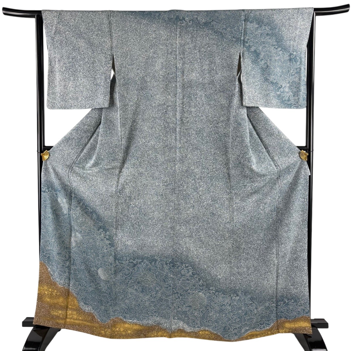 訪問着 身丈165cm 裄丈65cm M 袷 草花 箔散らし 銀糸 金彩 青緑 正絹 秀品 【中古】 msp30