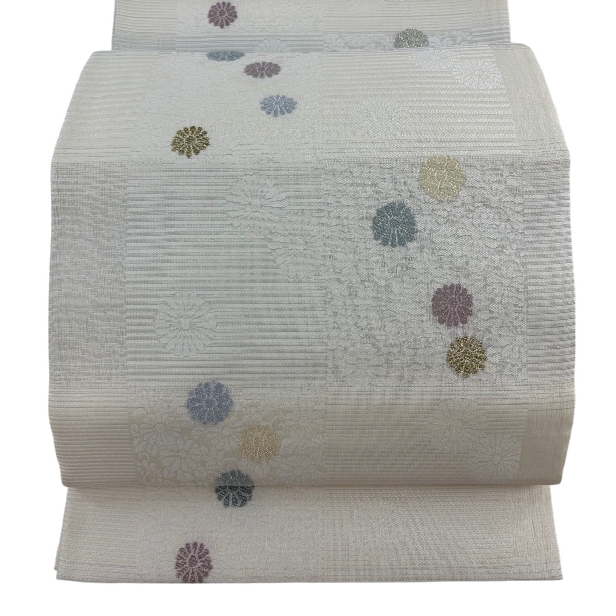 袋帯 逸品 夏帯 菊 縞 金糸 クリーム 六通 正絹 【中古】