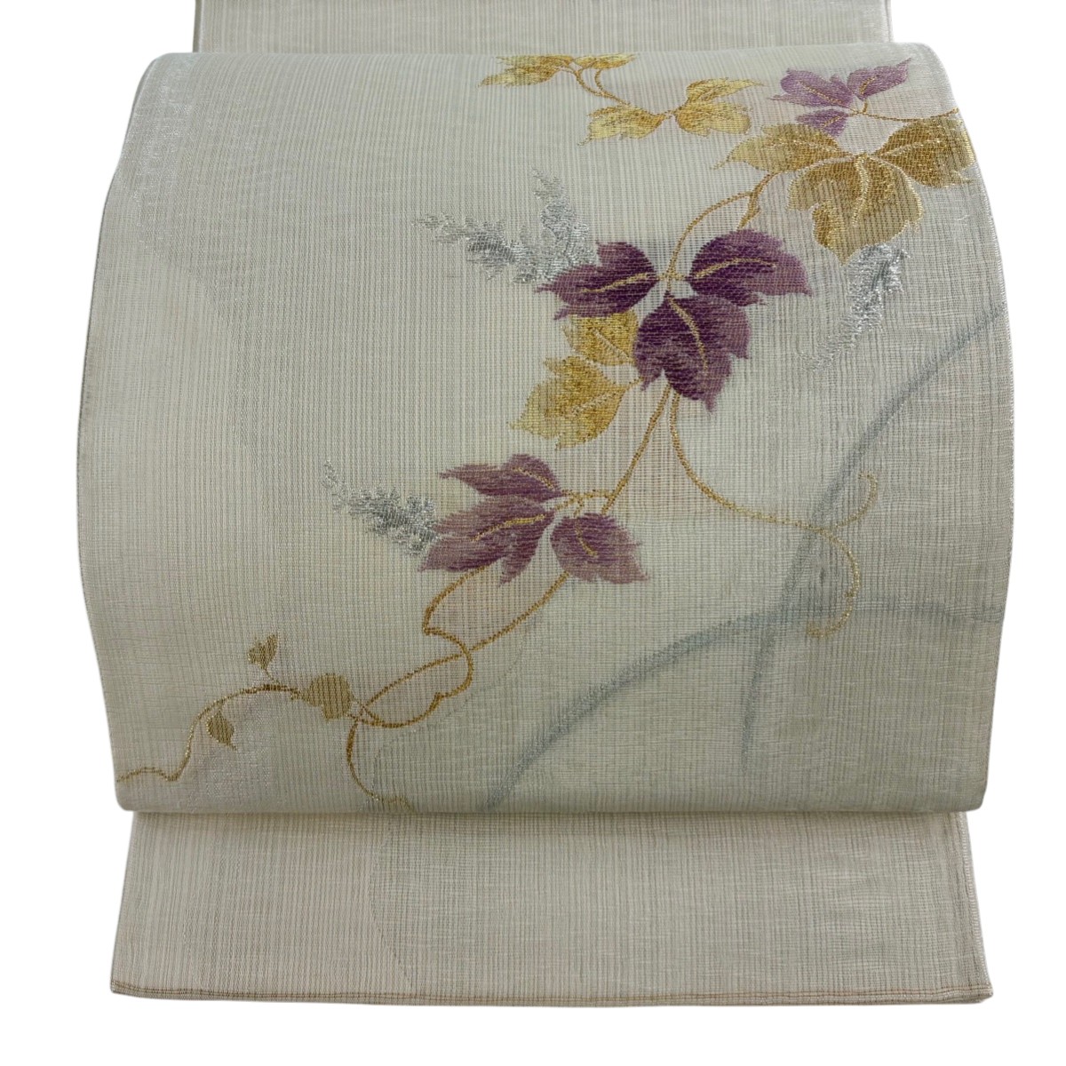 【美品】 袋帯 逸品 帝王紫 落款あり 夏帯 葉 金銀糸 クリーム お太鼓柄 正絹 【中古】