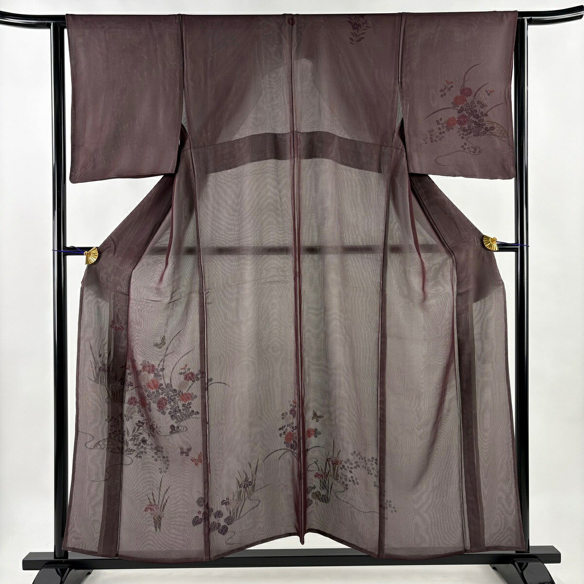 訪問着 身丈155cm 裄丈63.5cm S 紗絽袷 草花 流水 えんじ色 正絹 名品 一つ紋 【中古】
