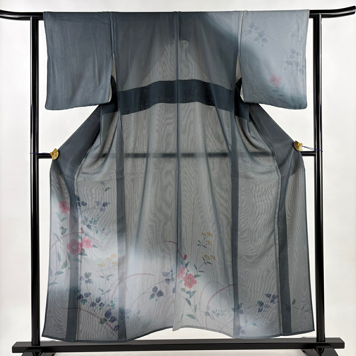 付下げ 身丈154.5cm 裄丈61cm S 紗絽袷 草花 葉と実 ぼかし 深緑 正絹 名品 【中古】 msp30