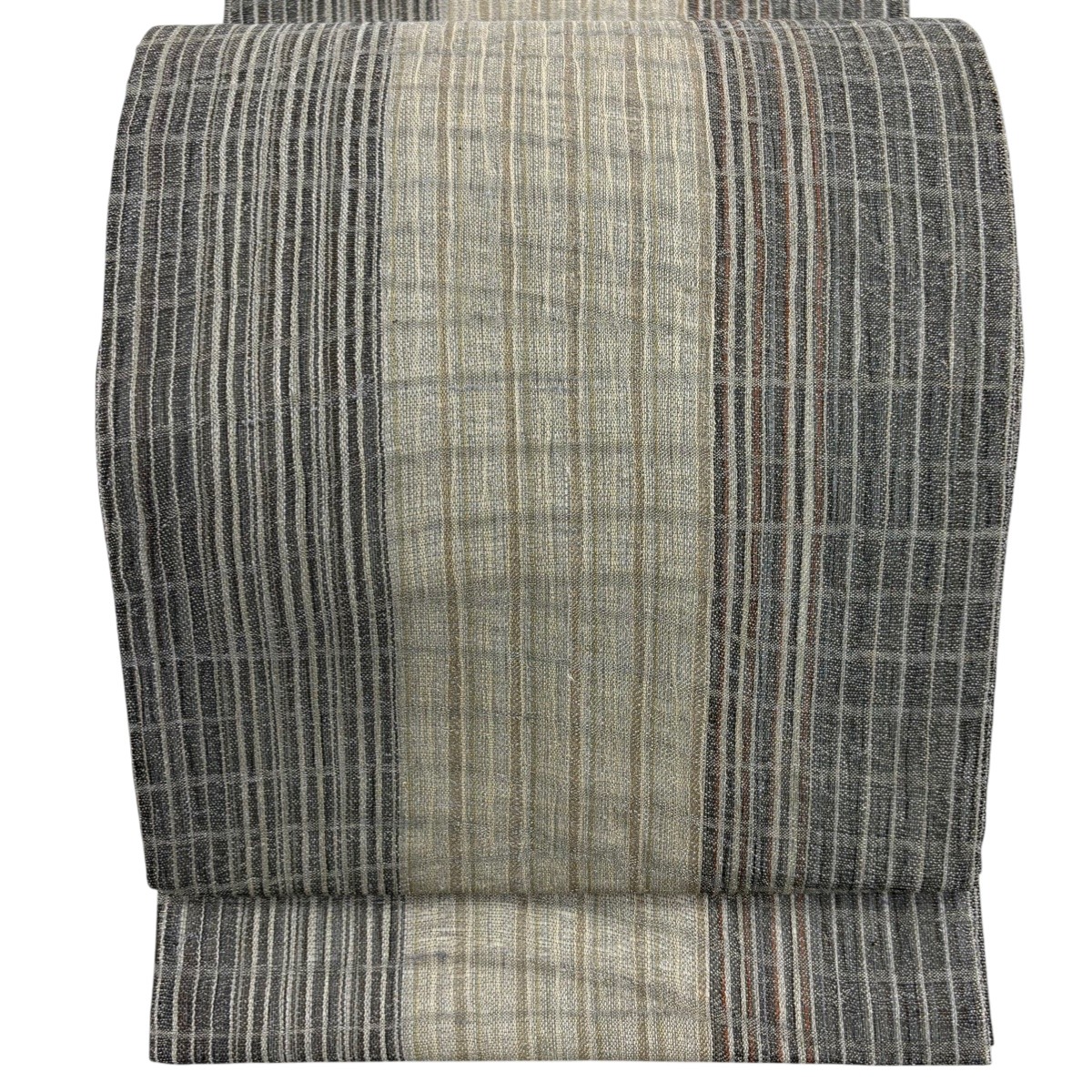 【美品】 袋帯 秀品 夏帯 格子 銀糸 灰色 六通 正絹 【中古】