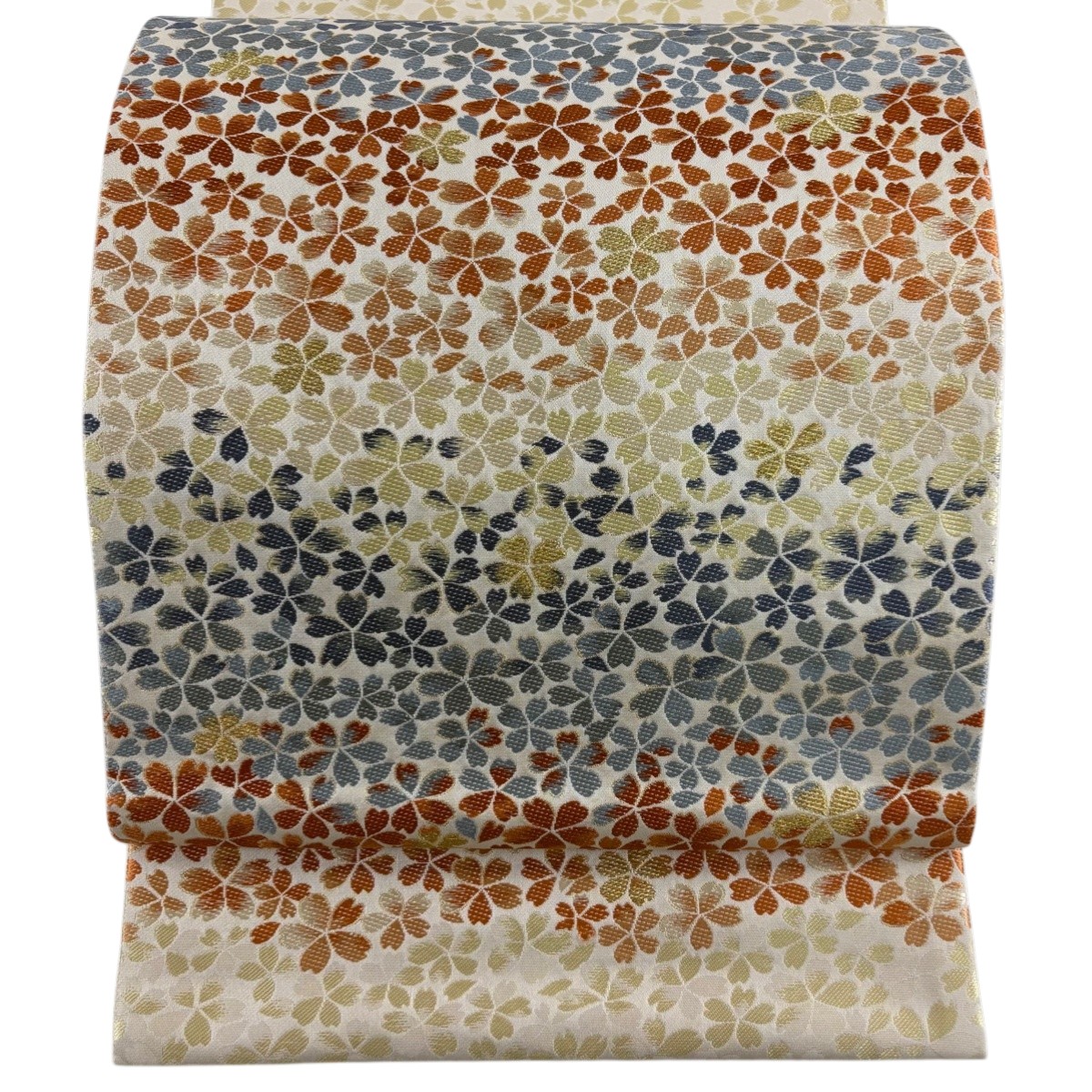 【美品】 袋帯 秀品 桜 段縞 刺繍 金銀糸 ベージュ お太鼓柄 正絹 【中古】