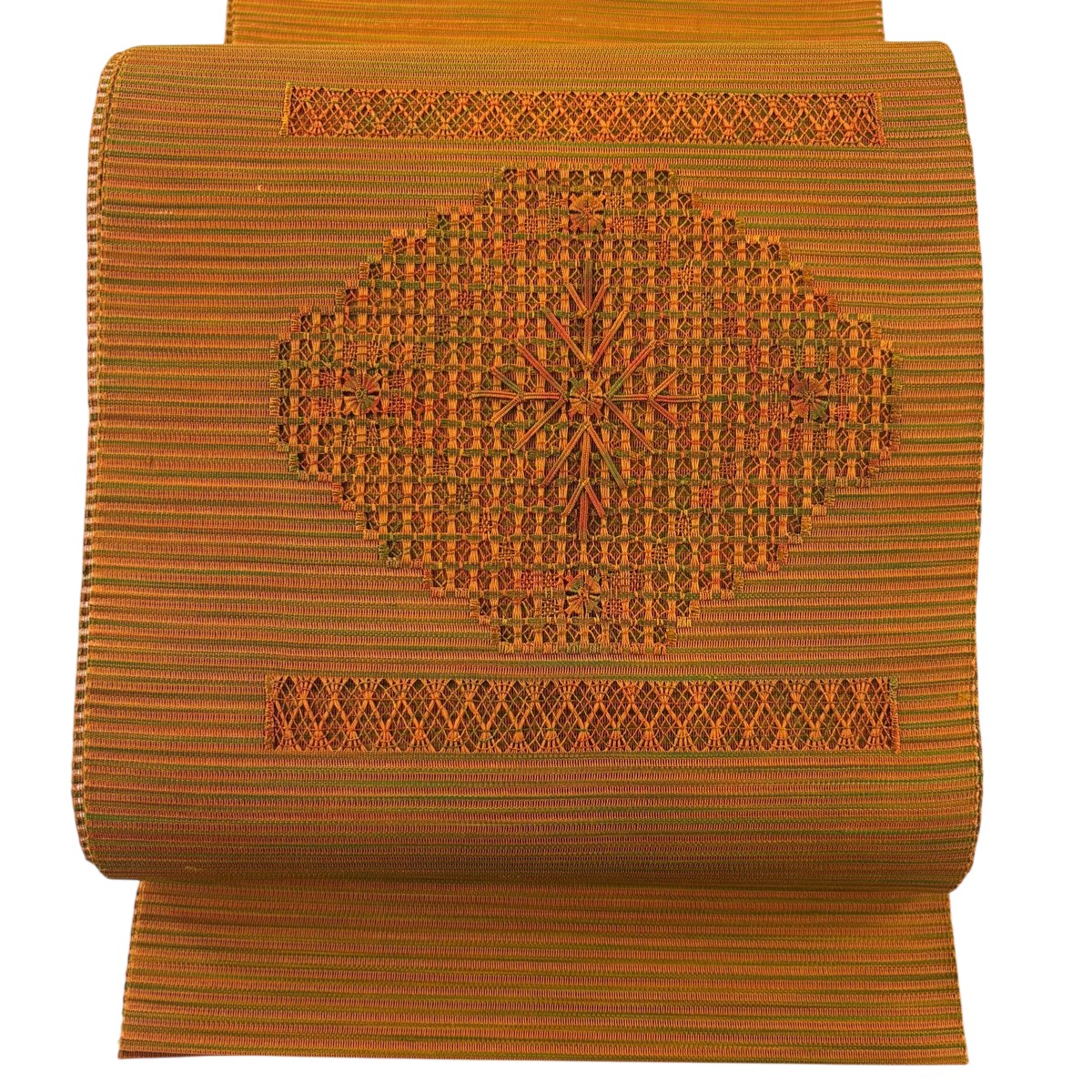 【美品】 名古屋帯 秀品 八寸名古屋帯 トンネル仕立て 夏帯 華文 縞 オレンジ 正絹 【中古】