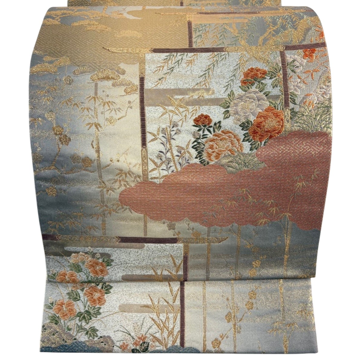 【美品】 袋帯 秀品 草花 雲文 刺繍 金糸 灰色 六通 正絹 【中古】