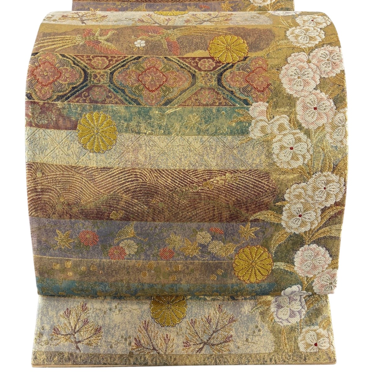 【美品】 袋帯 秀品 花 蜀江華文 金糸 刺繍 灰緑 六通 正絹 【中古】