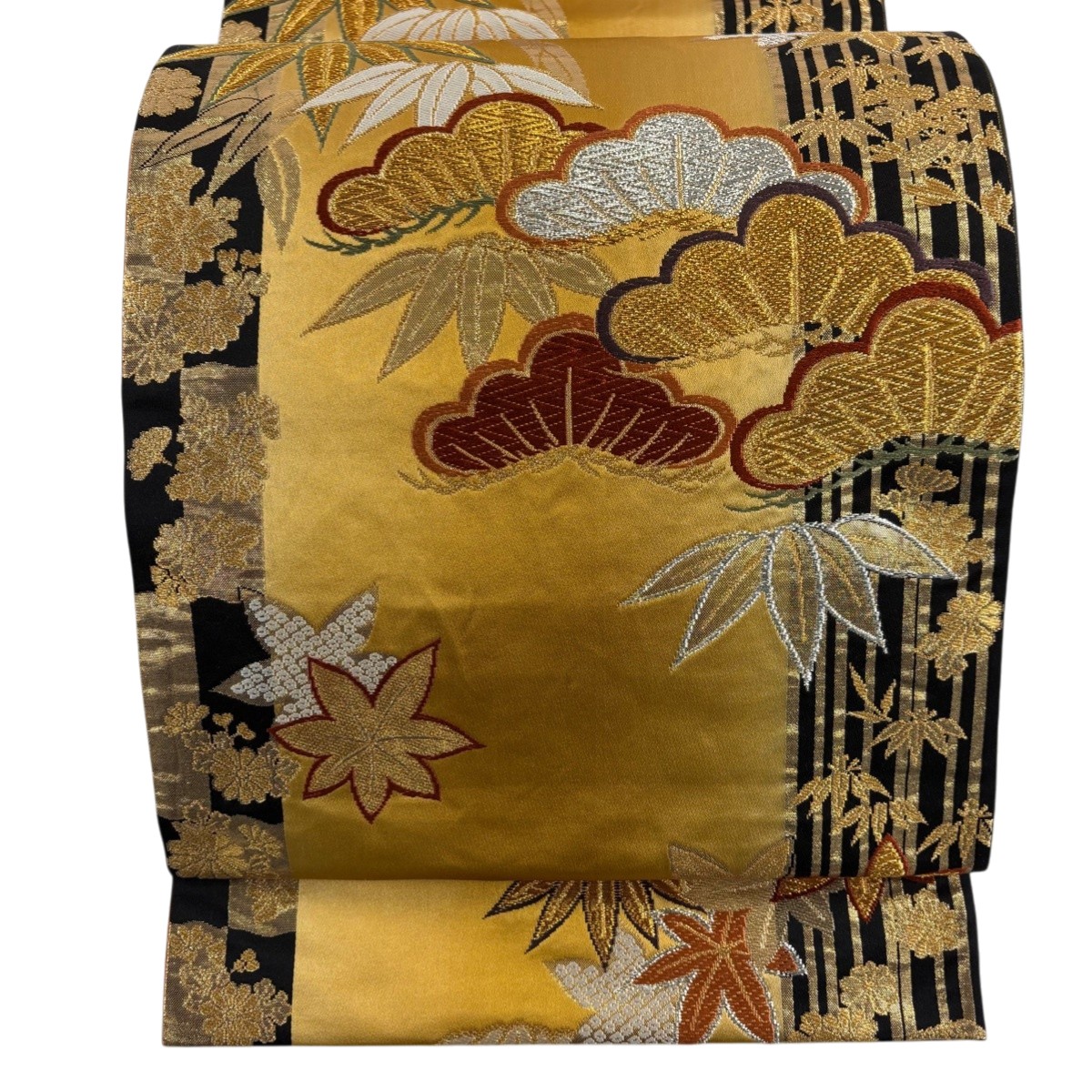 袋帯 秀品 松 笹 金銀糸 唐織 山吹色 六通 正絹 【中古】