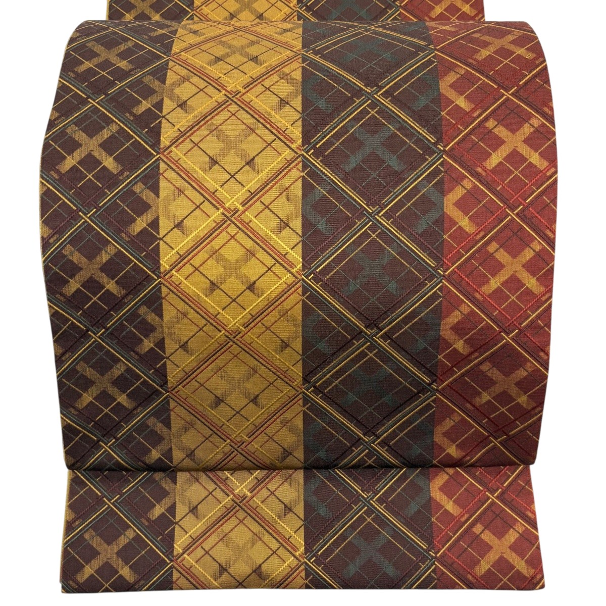 【美品】 袋帯 秀品 斜め格子 縞 焦茶色 全通 正絹 【中古】
