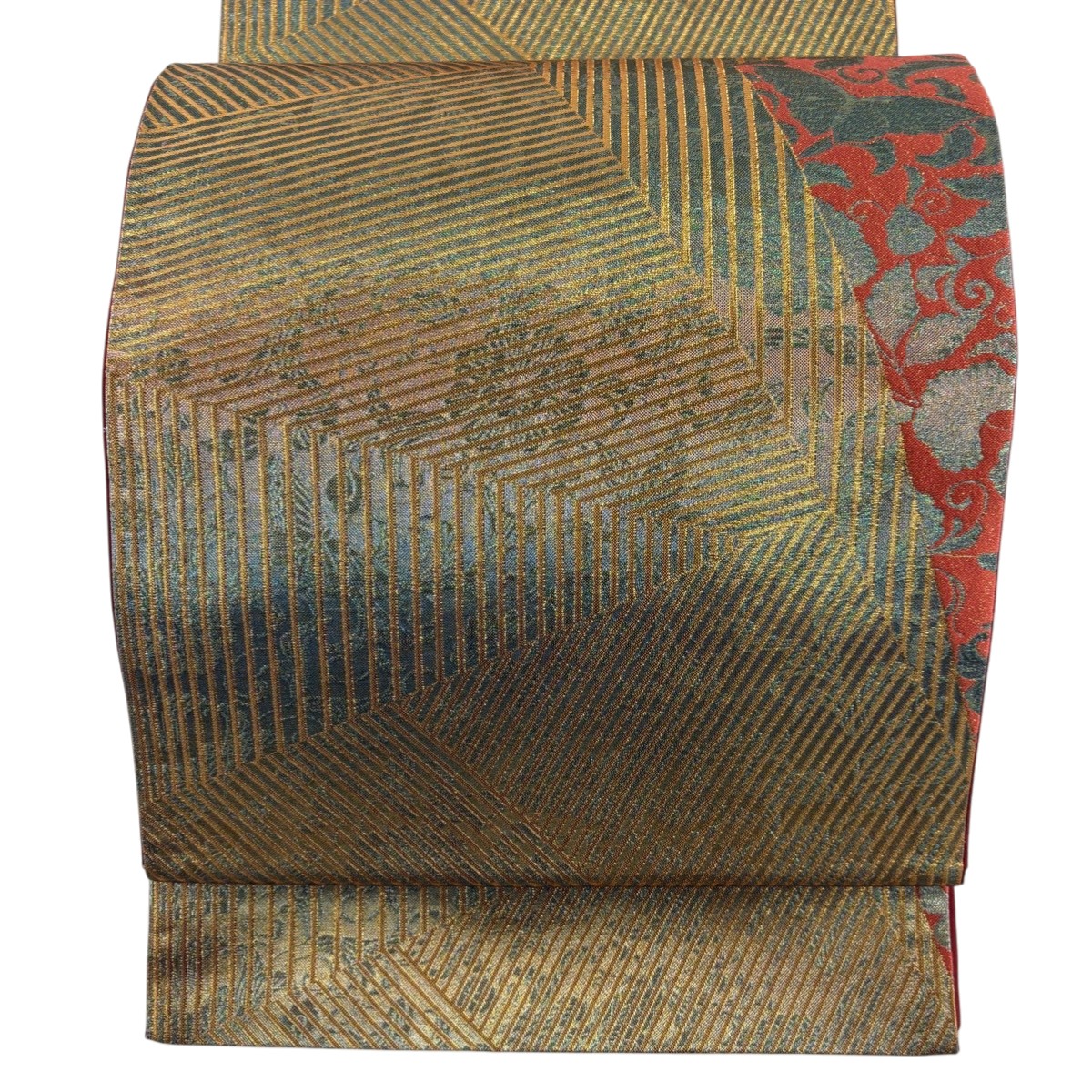 【美品】 袋帯 秀品 縞 幾何学模様 金糸 箔 金色 六通 正絹 【中古】