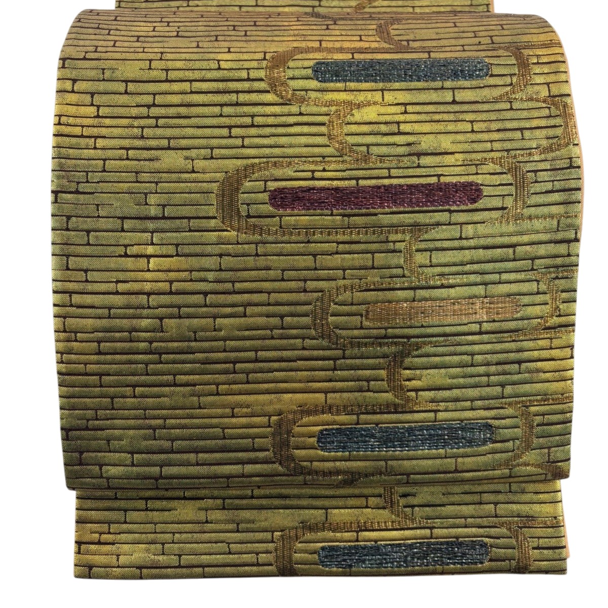 【美品】 袋帯 秀品 ヱ霞 幾何学模様 箔 黄緑色 六通 正絹 【中古】