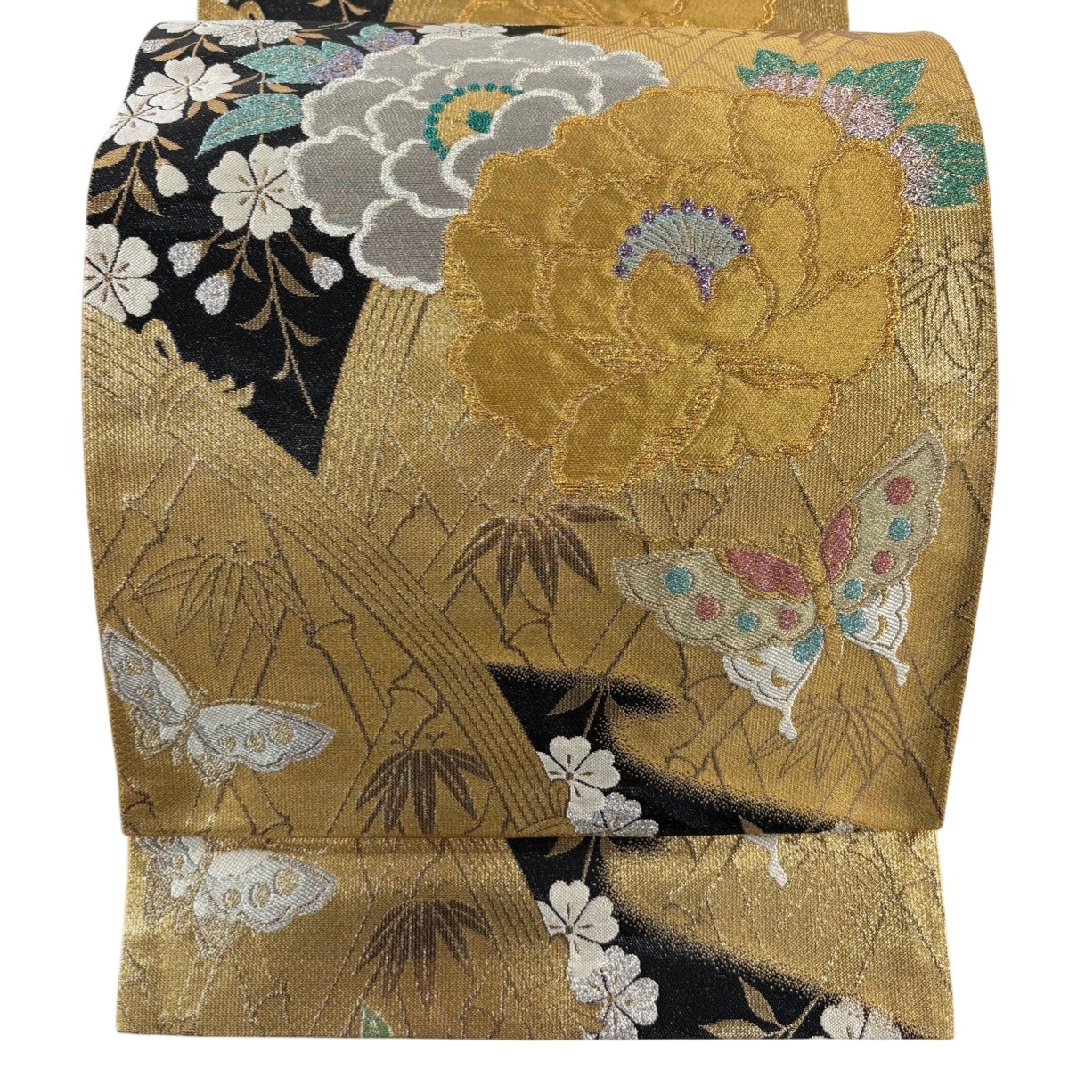 【美品】 袋帯 秀品 草花 蝶 箔 金銀糸 黒 全通 正絹 【中古】