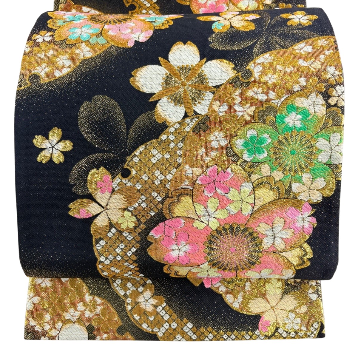 【美品】 袋帯 秀品 桜 雪輪 箔 金糸 黒 六通 正絹 【中古】