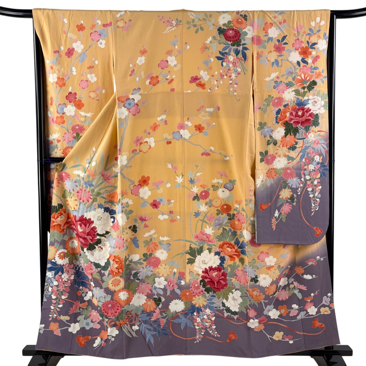 【美品】 振袖 身丈158cm 裄丈65.5cm M 袷 落款あり 花籠 染め分け ぼかし 薄オレンジ 正絹 名品 【中古】