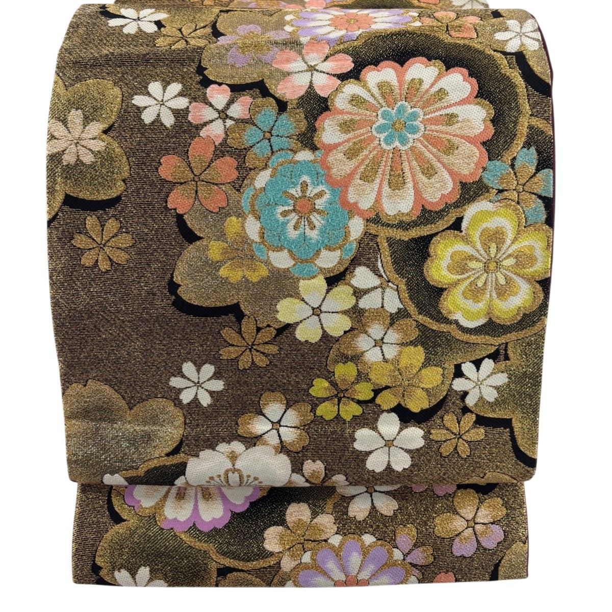 袋帯 名品 花 桜 刺繍 金糸 金色 六通 正絹 【中古】