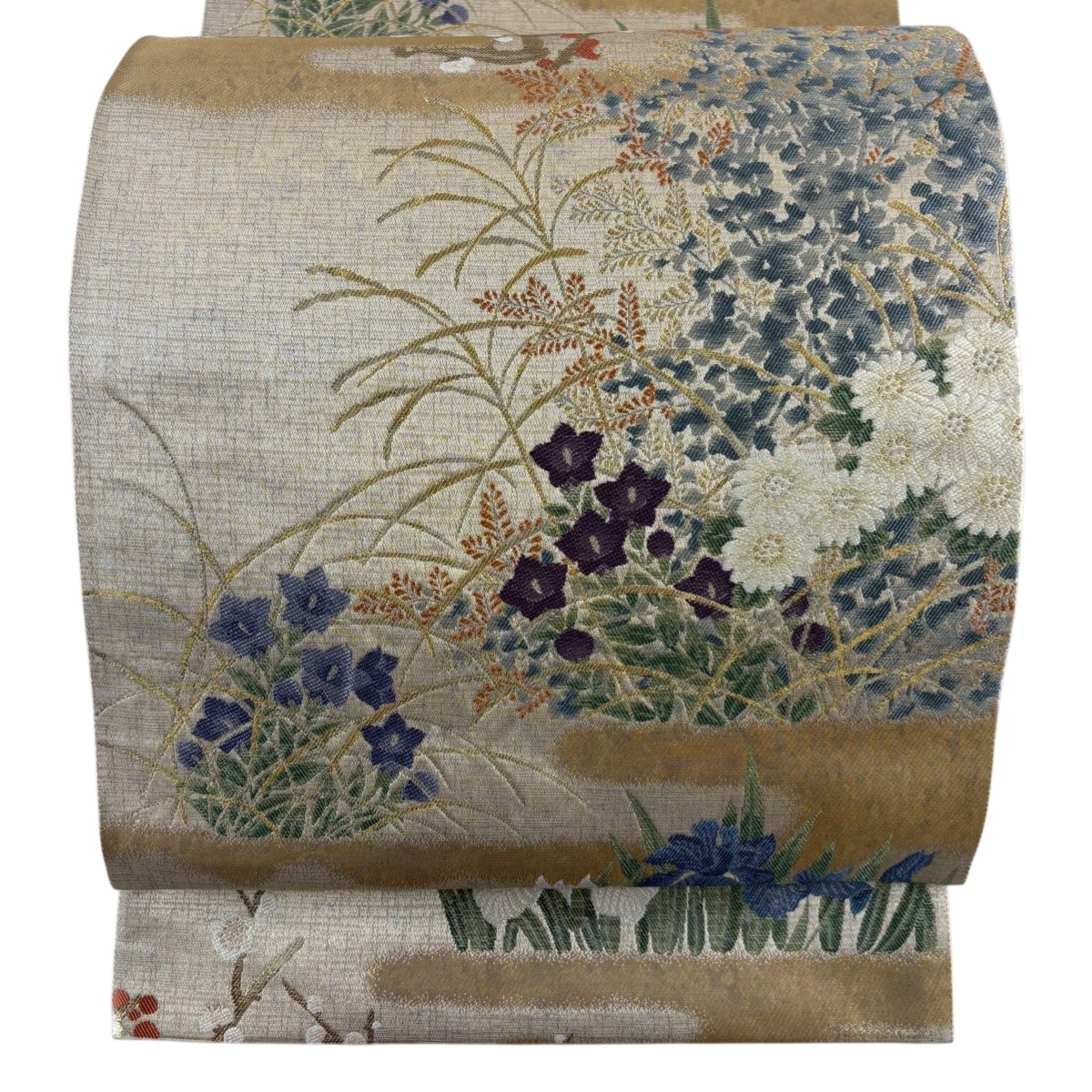 袋帯 名品 じゅらく 落款あり 清水六兵衛 草花 鏡裏文 金糸 刺繍 金茶 六通 正絹 【中古】