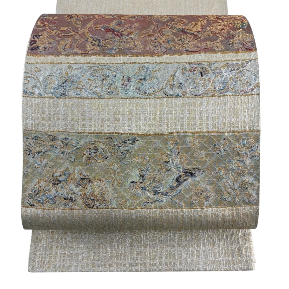 【美品】 袋帯 逸品 となみ織物 証紙あり 花鳥 横段 金糸 箔 銀色 六通 正絹 【中古】