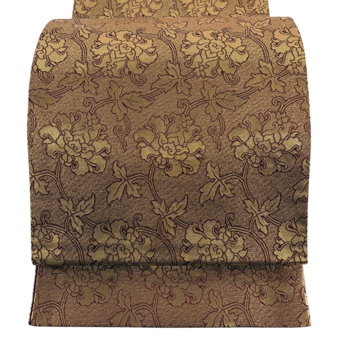 【美品】 袋帯 逸品 龍村晋 落款あり 牡丹唐草 金糸 箔 金色 全通 正絹 【中古】