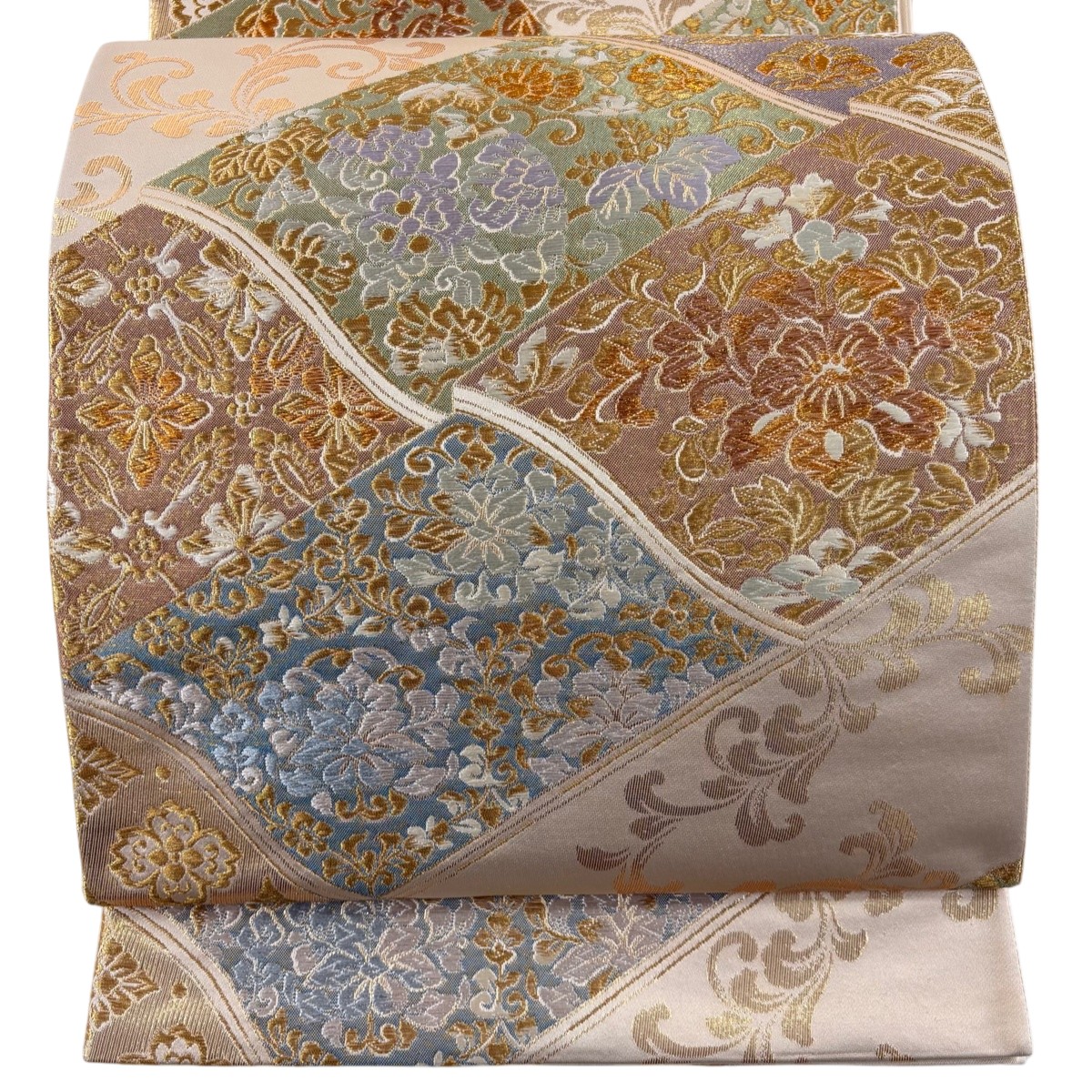 【美品】 袋帯 秀品 鈴乃屋 草花 唐草 金糸 箔 ベージュ 六通 正絹 【中古】