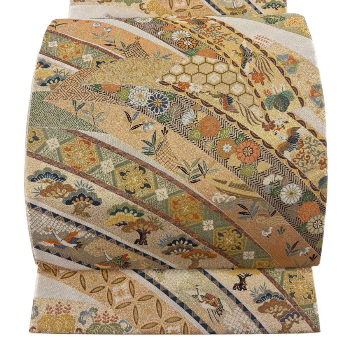 【美品】 袋帯 秀品 花鳥 熨斗 金糸 箔 金色 六通 正絹 【中古】
