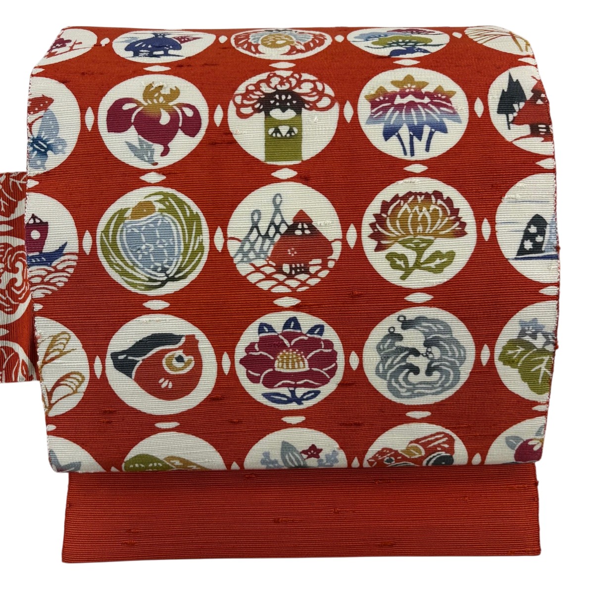 【美品】 名古屋帯 秀品 八寸名古屋帯 草花 家屋 茜色 正絹 【中古】
