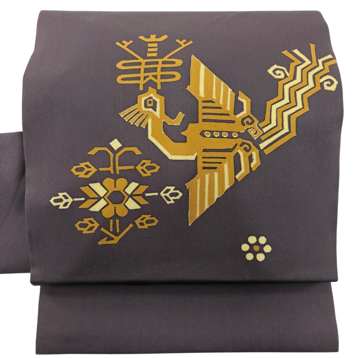 名古屋帯 秀品 鳥 草花 金彩 灰紫 正絹 【中古】