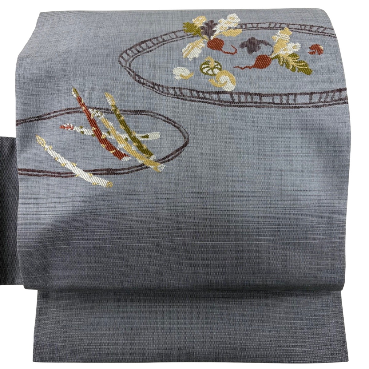 【美品】 名古屋帯 秀品 紬地 野菜 蕪 青灰色 正絹 【中古】