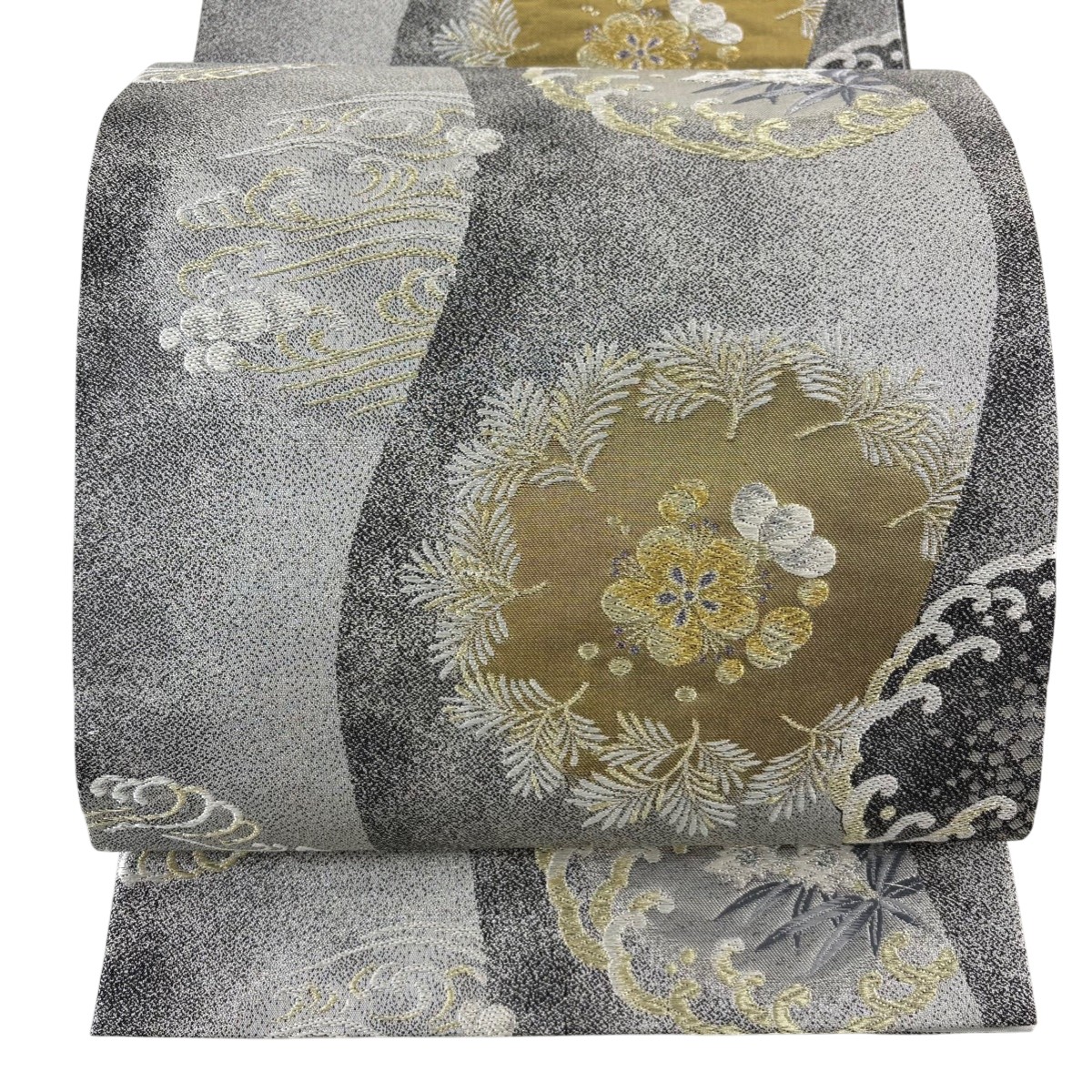 【美品】 袋帯 秀品 松竹梅 波頭 唐織 箔 灰色 六通 正絹 【中古】