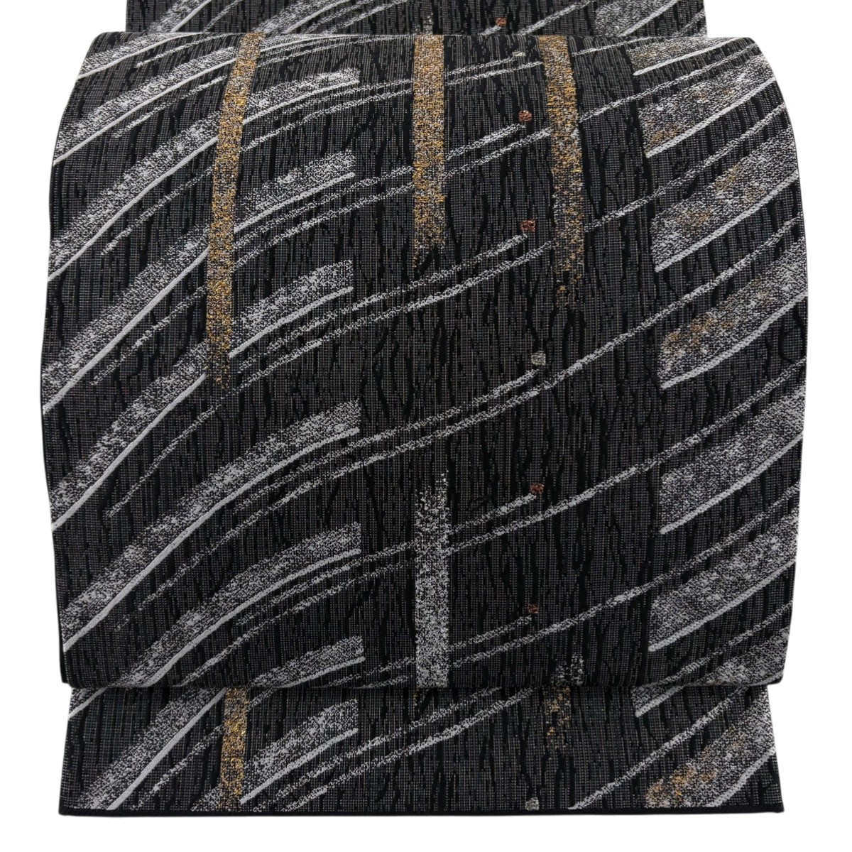 【美品】 袋帯 秀品 幾何学模様 銀糸 箔 黒 六通 正絹 【中古】