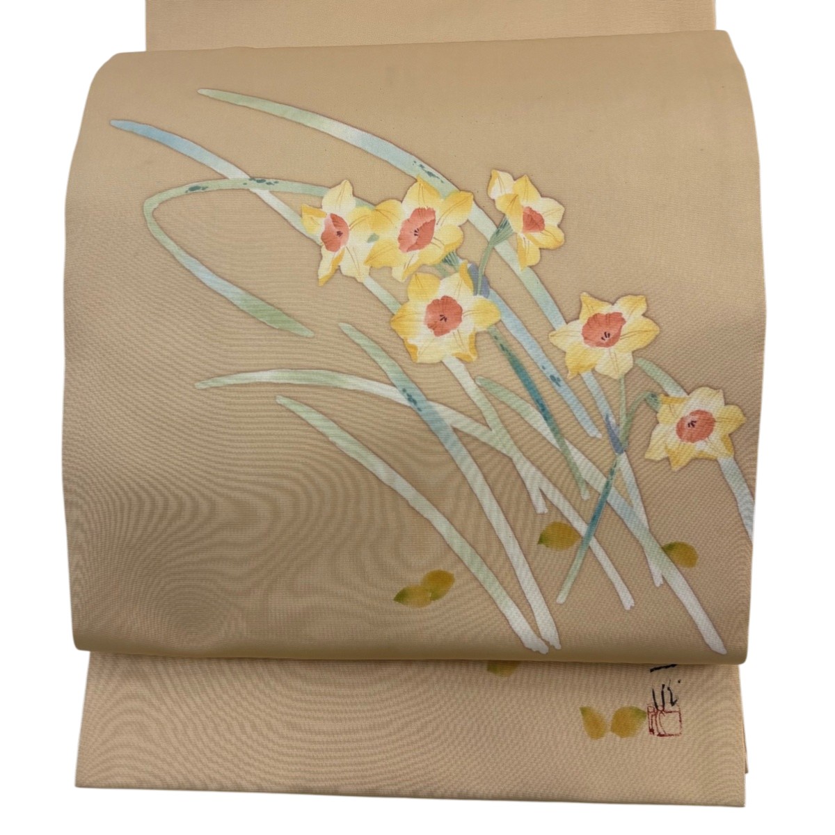 開き名古屋帯 秀品 落款あり 草花 ベージュ 正絹 【中古】